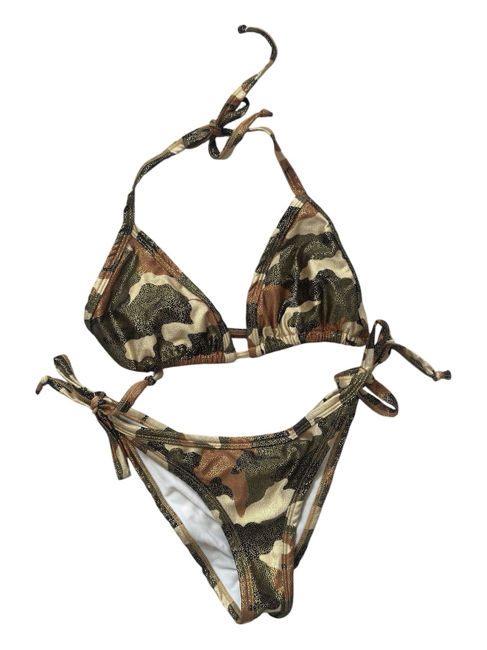 Daisy Camo Triangle Tie-Side Bikini - Olive, Brown, Tan